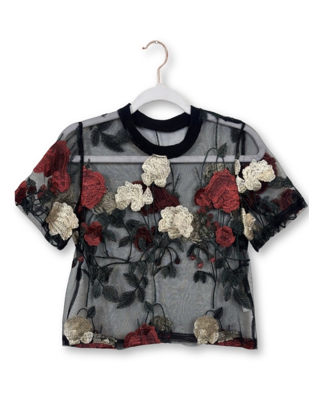 Vintage Sheer Short Sleeve Top with Floral Embroidery